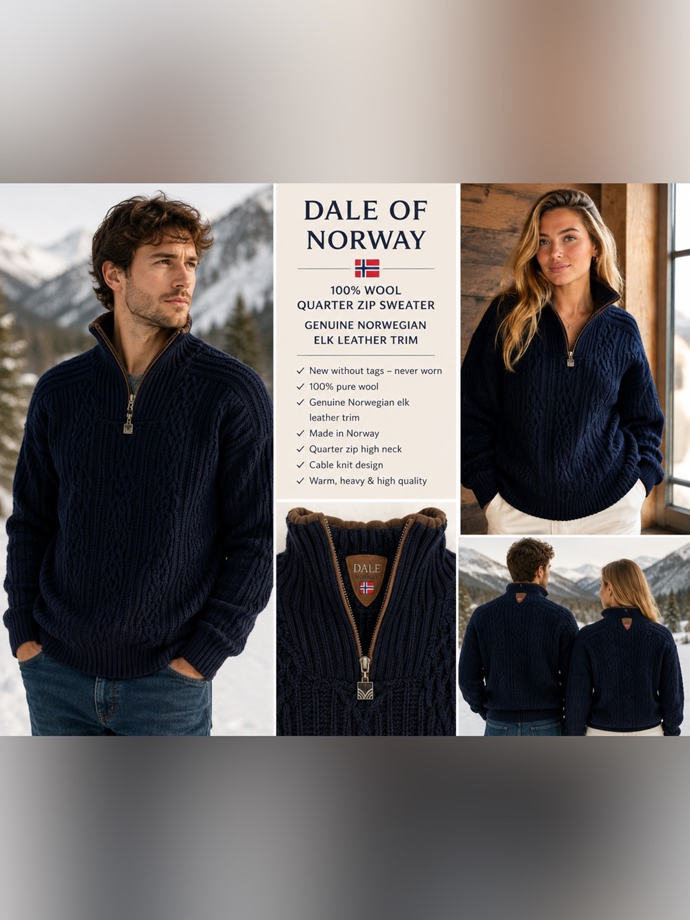 Dale of Norway Blyfjell 100% Wool Quarter Zip Sweater Navy Elk Leather Trim NWOT